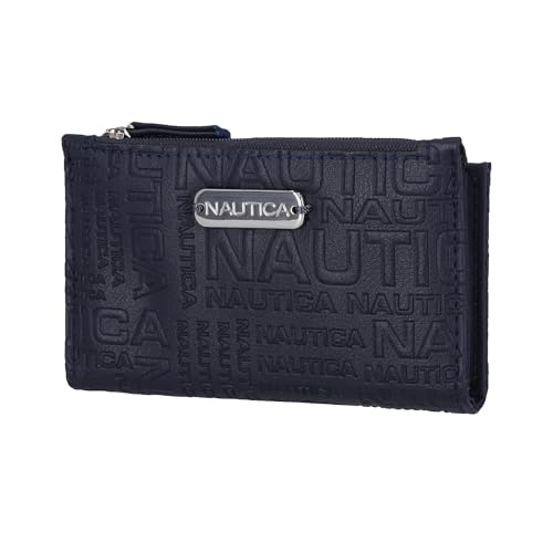 Image of Nautica High Tide Small Wallet for Women, RFID Blocking Slim Credit Card Holder with Zipper Coin Pocket, Bifold Compact Wallet with ID Window, Indigo Printed