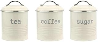 Vintage Cream Enamel Tea Coffee Sugar Kitchen Storage Canisters Jars Pots Set Air Yight Lids by JT