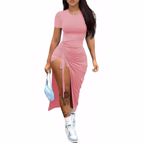 Image of Nimsruc Women Sexy Summer Dresses Short Sleeve Thigh-high Slit Ruched Bodycon Maxi Club Cocktail Party Dress