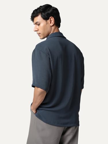 Image of Urbano Fashion Men's Cotton Half Sleeve Relaxed Fit Textured Shirt with Cuban Collar