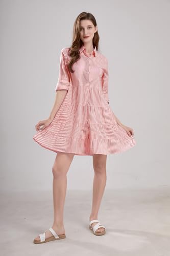 Image of utcoco Womens Striped Button Down Midi Shirt Dress Casual Loose Cuffed Long Sleeve Mid Long Dresses
