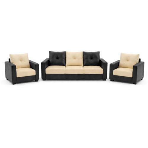 Image of FURNY Heritage 3 Seater + 1 Seater + 1 Seater Leatherette Sofa Set (Black-Cream) | Durable Comfort | Ideal for Living Room