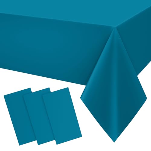 Image of Smiry Disposable Table Cloth 3 Pack, 54 x 108 Inch Waterproof Plastic Tablecloth, Decorative Rectangle Table Covers for Party, Birthday, Picnic, Aqua