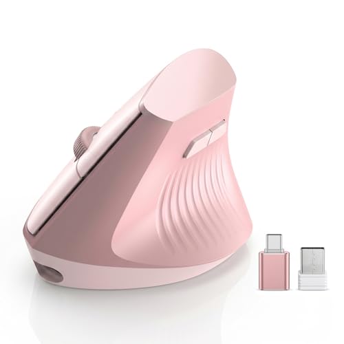 Ergonomic Wireless Vertical Mouse Pink Bluetooth Mouse with BT5.0/4.0 & 2.4G+USB-C Adapter Rechargeable Silent 4 Adjustable DPI Levels Multi-Device Computer for MacBook Laptop PC Home Office