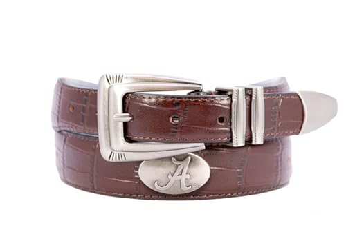 ZEP-PRO NCAA Alabama Crimson Tide Men's Croc Leather Belt – Embossed Full Grain Brown Strap With Emblem Conchos – 1.25