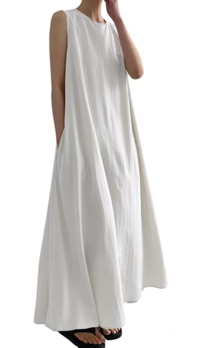 CHARTOU Women Casual Cotton Linen Sleeveless Maxi Dress Ruffle Shift Dress Flowy Beach Summer Long Tank Dress (Medium, White)