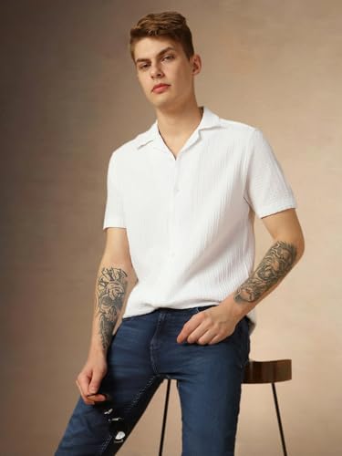 Image of Dennis Lingo Men's Half Sleeve Cuban Collar Solid Textured Relaxed Fit Casual Shirt