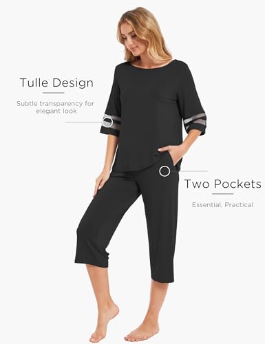 Image of GYS Bamboo Viscose Capri Pajamas for Women Set Cooling 3 /4 Sleeve Pjs | Moisture-Wicking Sleepwear for Night Sweats, OEKO-TEX Certified, Gentle on Sensitive Skin, Soft Sleep Lounge Sets