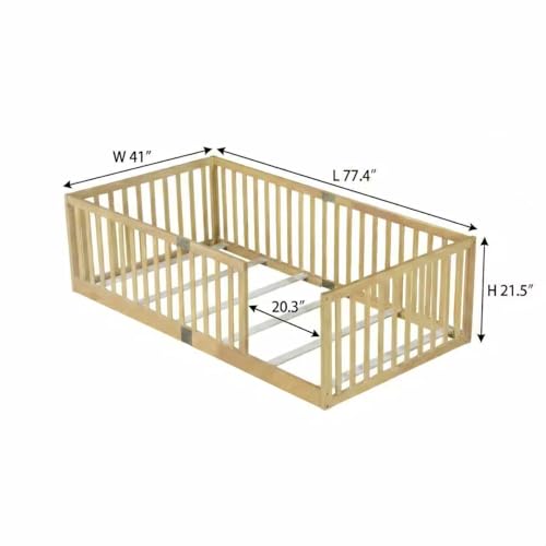 Image of Bellemave Twin Size Kids Montessori Floor Bed Frame with Slats,Solid Wood Floor Bed Frame with High Fence for Kids,Girls,Boys,Natural