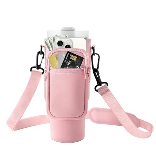 Image of HASTHIP Water Bottle Carrier Bag for Stanley 40 /30 oz Tumbler with Phone Pocket Water Bottle Holder (Pink)