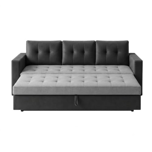 Image of FURNY Tressa 3 Seater Fabric Pull-Out Sofa Cum Bed Function (Dark Gray-Light Gray) | Luxury Velvet Suede Finish | Durable Comfort Sofa Bed for Modern Living Room & Office Spaces