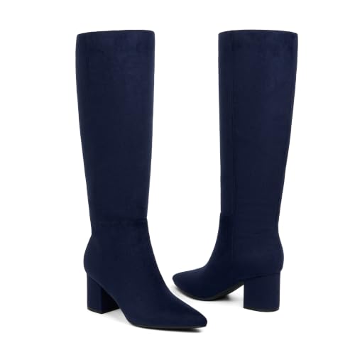 Image of Easyfox Womens Knee High Boots Chunky Low Heel Pointed Toe Tall Long Boots