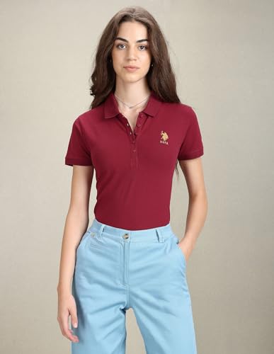 Image of U.S. POLO ASSN. Women's Cotton Solid Slim Polo Shirt (UWAW23TSH045 Red L)