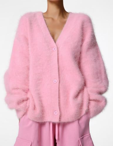 Image of Arssm Womens Fuzzy Cardigan Sweater V Neck Sweaters Fluffy Top