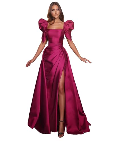 Square Mermaid Prom Dresses 2023 with Slit Long Satin Puff Sleeves A-Line Pleated Formal Evening Party Gowns with Train