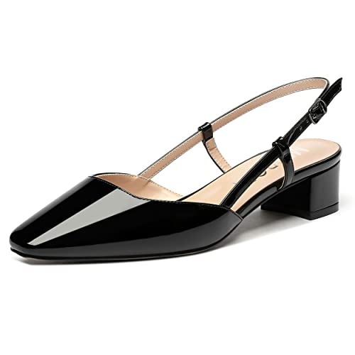 MERRORI Women's Buckle Block Patent Solid Square Toe Slingback Chunky Low Heel Pumps Shoes 1.5 Inch