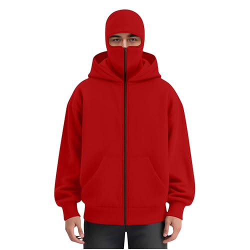 Xiaojmake Men's Balaclava Hoodies Y2K Fashion Double Layer Hooded Jackets 2025 Fall Winter Casual Long Sleeve Zip Up Outwear Wine