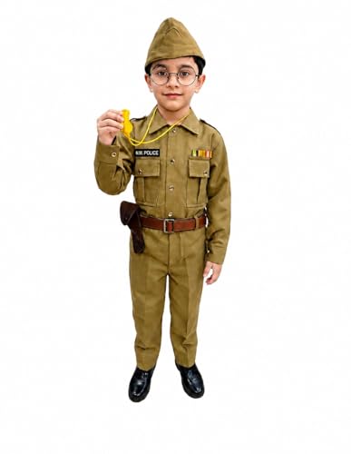 Image of BookMyCostume 8-Pcs Netaji Subhash Chandra Bose Indian National Leader Dress | Freedom Fighter Costume for Kids | Patriotic Independence Day, School Annual Function & Fancy Dress | Khaki 6-7 Years