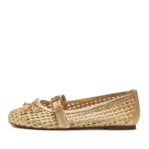 Image of Woven Ballet Flats Shoes for Women with Strap Charming Comfortable Casual Elegance Flat Mary Janes Suitable for Woven Bags
