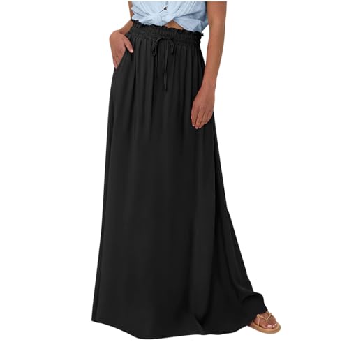 Women Maxi Skirt Long Flowy Pleated High Waisted with Pockets Summer Fall Casual Elastic Waist A-Line Skirts