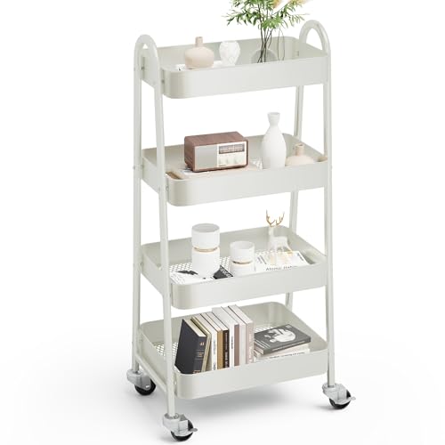 Image of OLIXIS Metal 4 Tiers Utility Rolling Cart, Mobile Storage Shelf with Lockable Caster Wheels, Organization for Livingroom, Bathroom & Narrow Places, 4-Tier White