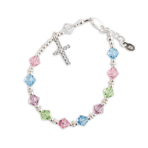 Precious Pieces Children's Sterling Silver First Communion Rosary Bracelet with High-end Crystals and Cross for Girls (6-6.5