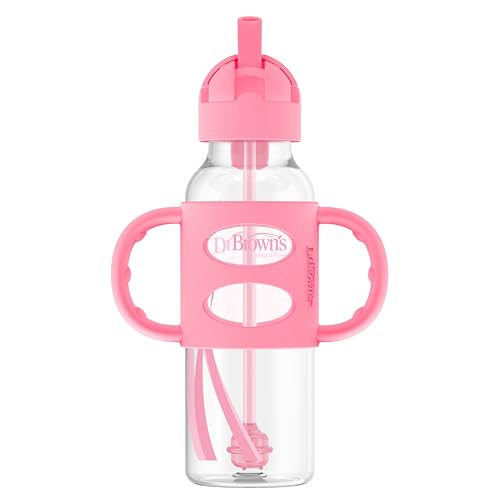 Image of Dr. Brown's Milestones Narrow Sippy Straw Bottle, Spill-Proof with 100% Silicone Handles and Weighted Straw, 8 oz/250 mL, Pink, 6m+