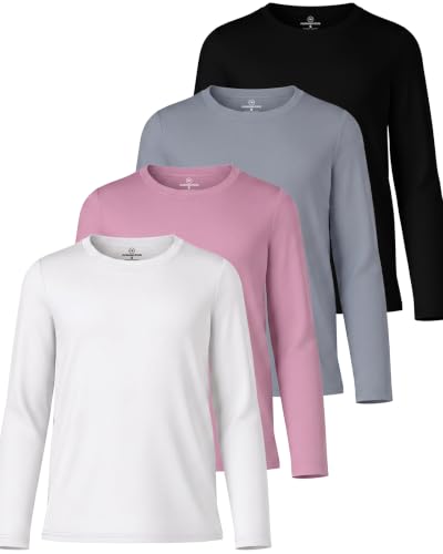Image of Real Essentials 4 Pack: Girls' Dry-Fit Long Sleeve Crew Neck T-Shirt - Athletic Activewear Soccer Top for Teens Kids Youth