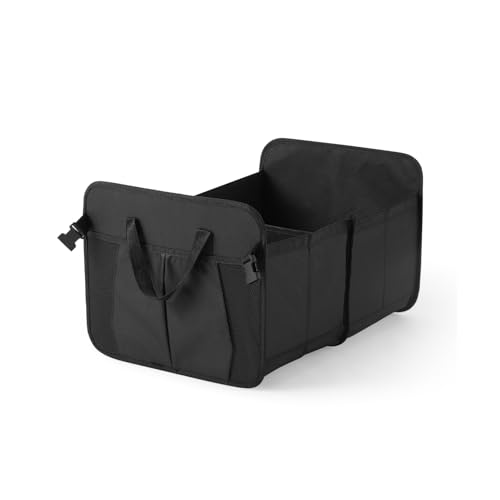 Image of Amazon Basics Car Boot Organizer with 2 Large Compartments & 2 Pockets| Foldable 600D Oxford Storage Box with Securing Straps (Black, 60 x 37 x 31cm)