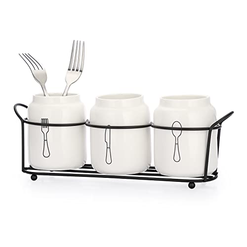 OLegei 3pcs porte-couverts en céramique pot à ustensiles de cuisine avec support en métal noir organisateur de couverts pour couteau de table, fourchettes,...