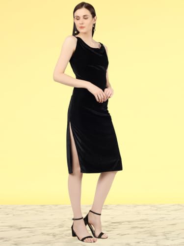 Image of Anvi Be Yourself Women's Solid Shoulder Strap Sleeveless Velvet Midi Bodycon Dress || Trendy Womens Cowl Neck Strappy Sheath Casual Dress with Side Slit || Western Plain One Piece Dress for Women