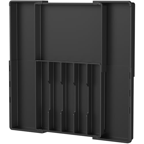 Lifewit Organizador de Cubiertos para Cajón, Cubertero Extensible para Almacenamiento de Cocina, Bandeja para Cuchillos Cucharas y Tenedores, Ancho de 30,5 a 52 cm, con 5-8 Compartimentos, Negro