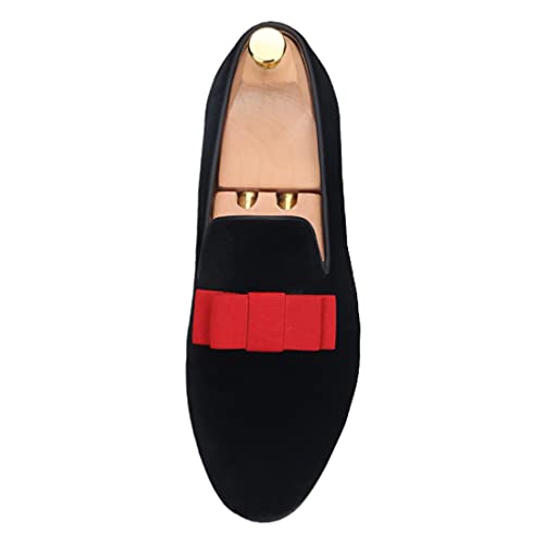 FERUCCI Men Plain Black Velvet with Red Bow Slippers Loafers Prom Wedding
