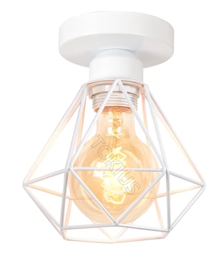 TOKIUS Lampadario vintage da soffitto Industriale Plafoniera E27 Metallo Lampadario a sospensione Design Gabbia ferro Binaco Ø160mm Per Soggiorno Cucina Camera da letto