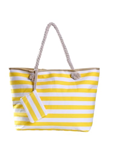 DonDon Bolso de playa grande con cremallera bolso de hombro a rayas blanco amarillo