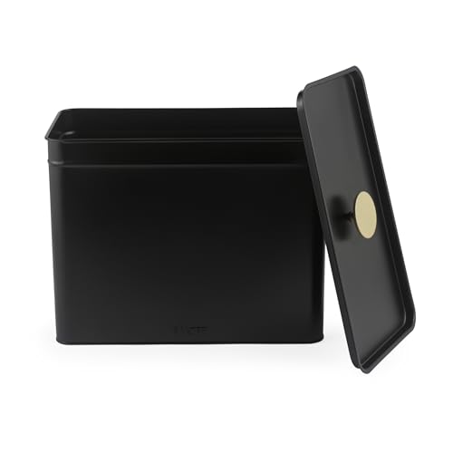 Salter Alchemy Bread Bin with Lid – Carbon Steel Powder Coated Large Bread Box, 33 x 18 x 25.5cm, Long Lasting Freshness, Space Saving Kitchen Storage for Loaves, Bagels, Pastries, Black/Gold Handles