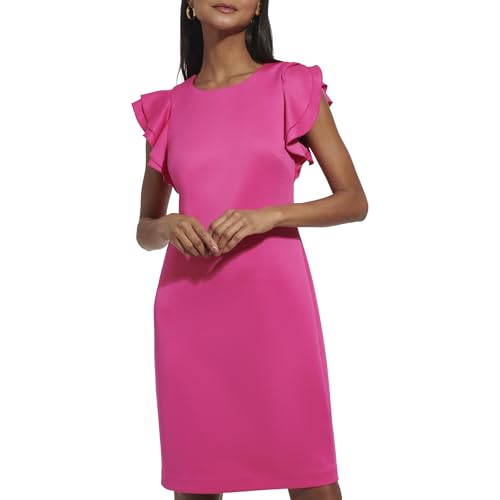 Image of Tommy Hilfiger Women's Sleeveless Ruffle Hem Jewel Neck Crepe Sheath Mini Dress