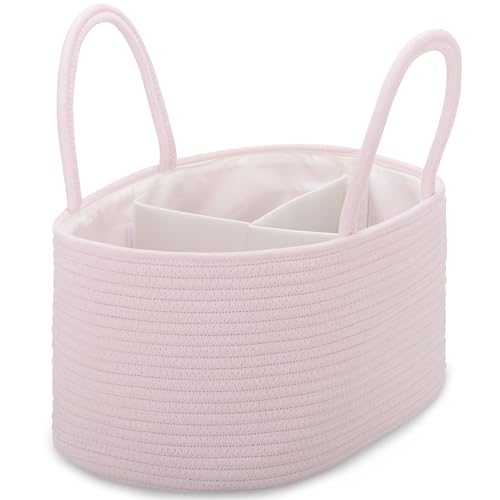 Image of COMSE Large Baby Diaper Caddy Organizer for Girl Boy, Car Caddy with Handles, Cotton Rope Basket for Changing Table, Nursery Organizer, Gift for Baby Shower and Registry Must Have, Light pink