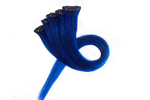 Blue Clip in 100% Real Human Hair Extensions Straight Blue Clip on Highlights Hair Extensions 5 Pieces/set 18 Inch Color Blue