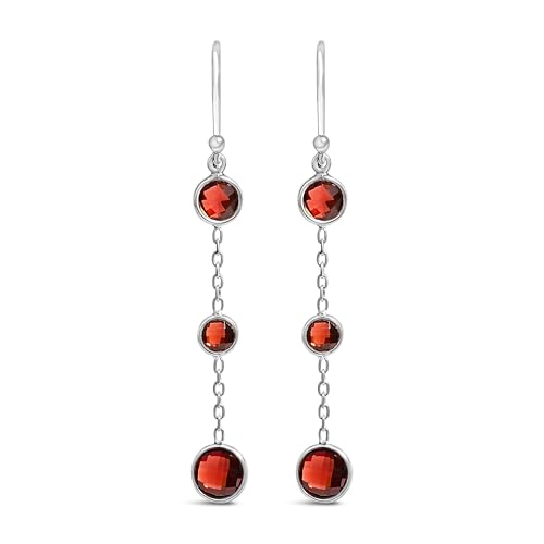 .925 Sterling Silver Graduating Bezel Set Red Garnet Dangle Earring