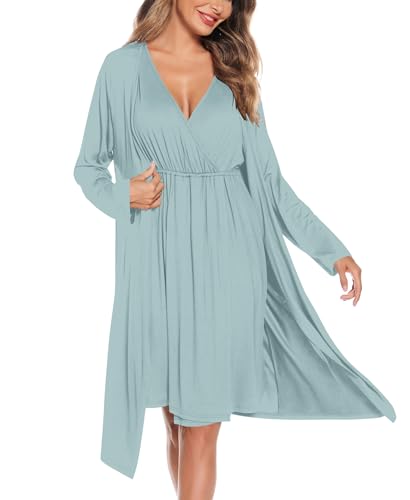 Image of SWOMOG Women Maternity Nursing Gown and Robe Set 3 in 1 Labor Delivery Nursing Nightgown for Breastfeeding Hospital Bathrobe