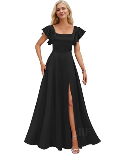 Image of IIF Short Sleeve Bridesmaid Dresses with Pockets Square Neck A-Line Satin Prom Gown Dress for Women with Slit IIF134