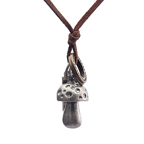 Popeoiuh Mushrooms Pendant Leather Necklace for Women Men Vintage Punk Chain Necklaces with Adjustable Brown Leather Cord