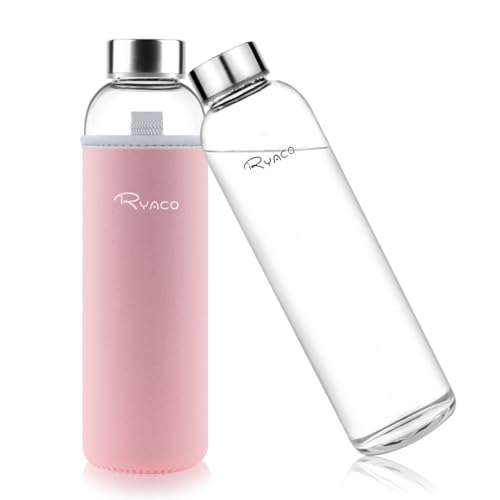 RYACO Glass Water Bottle 1000ml/1L,Borosilicate Glass Bottle with Neoprene Protective Case for Hot Cold Drinks,BPA-Free Leak Proof,Sport Water Bottles with Sponge Brush,Dishwasher Safe