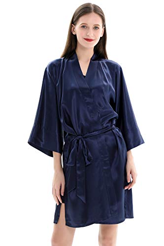 ZIMASILK 100% Mulberry Silk Short Robe for Women,22 Momme Luxury Silk Sleepwear (Navy Blue)
