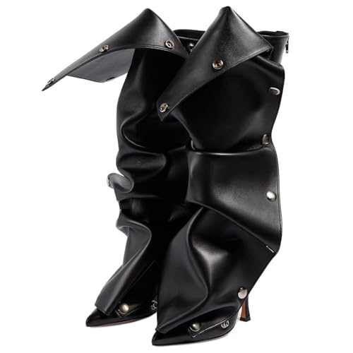 KaroNairy Women Knee High Boots Pointed Toe Stiletto High Heel Boot Detachable Snap-off Panel Shark Boots Black8.5