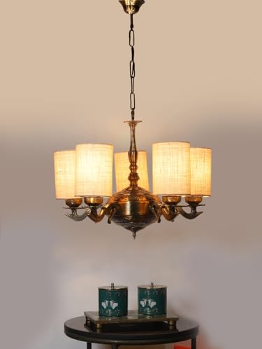 Image of Devansh 05 Lights White Jute Round Shade with Antique Golden Chandelier