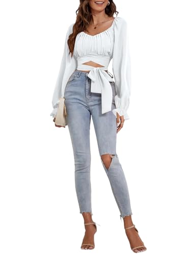 Rooscier Women's Ruched Wrap Square Neck Flounce Long Sleeve Self Tie Crop Top Blouse4