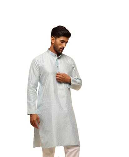 Image of SOJANYA (Since 1958 Men's Silk Blend Long Kurta with Subtle White Detailing | Traditional Ethnic Wear for Navratri