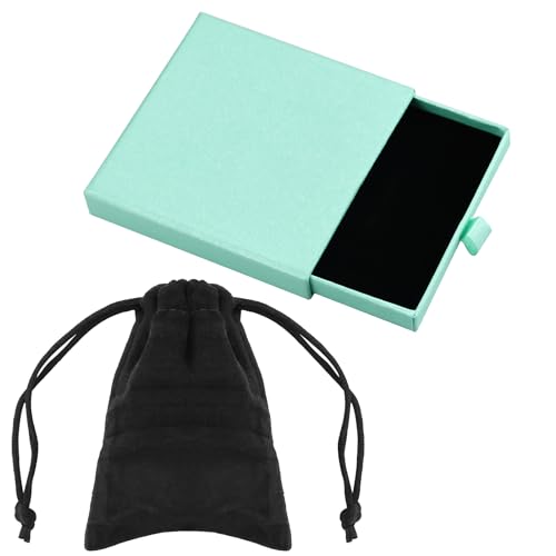 Caja de regalo de joyería verde claro con bolsa de franela, 9 x 9 x 1,8 cm, pequeña para collares, pulseras, pendientes, organizador de fuerza, portátil, cuadrado, con tapa